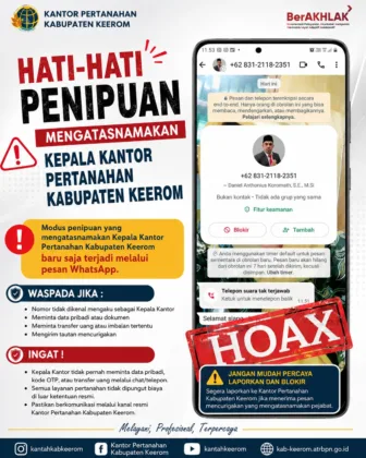 Imbauan Waspada Penipuan yang Mengatasnamakan Kepala Kantor Pertanahan Kabupaten Keerom